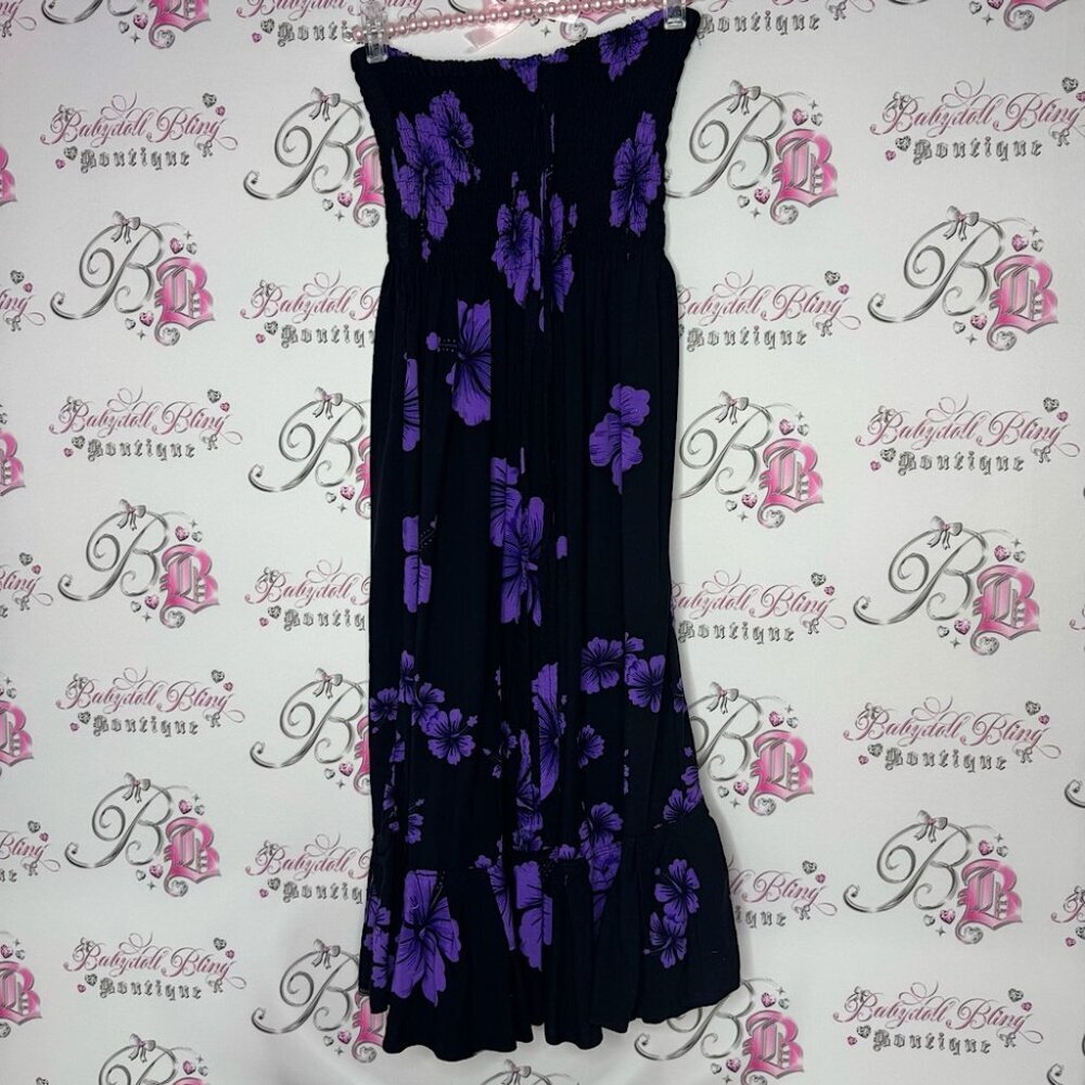 Dress Hawaii hibiscus 🌺 flowers black purple strapless one size fits all ruffle